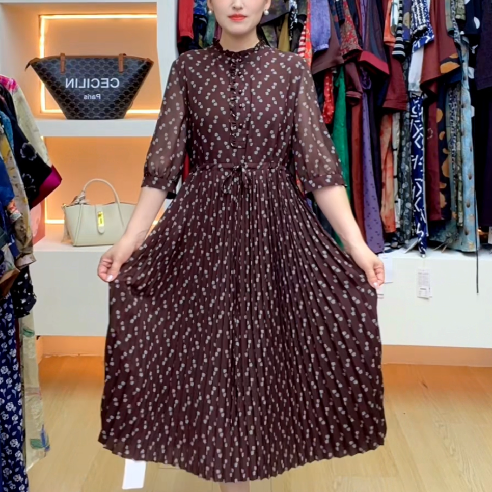 杭州丝绸夏季时尚妈妈连衣裙夏装减龄印花衬衫式连衣裙B013