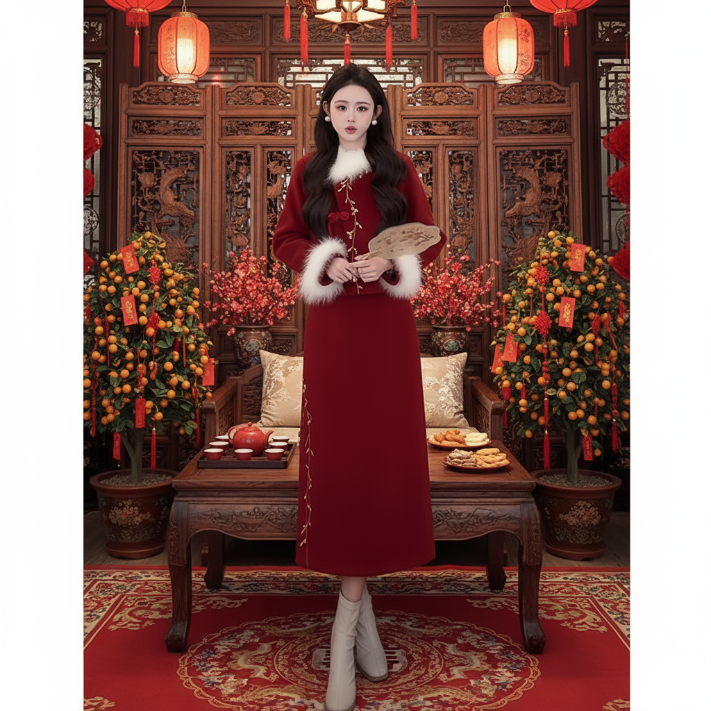 新年战袍女2025冬季新款半身裙红色两件套新中式国风盘扣刺绣外套