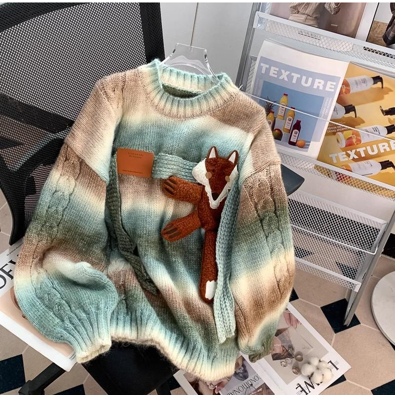 渐变色条纹设计感美拉德狐狸毛衣女款2025秋冬新款复古宽松慵懒风