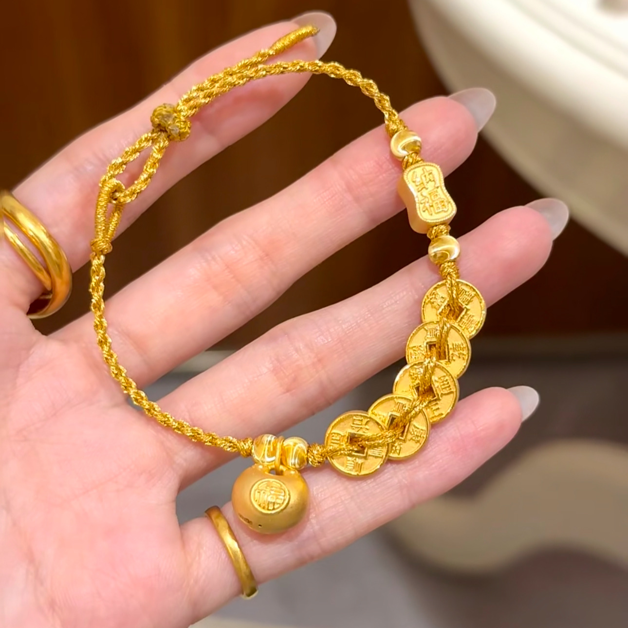 铜合金手链 新中式五帝钱币手链女胖福轻奢时尚手工编织绳新款
