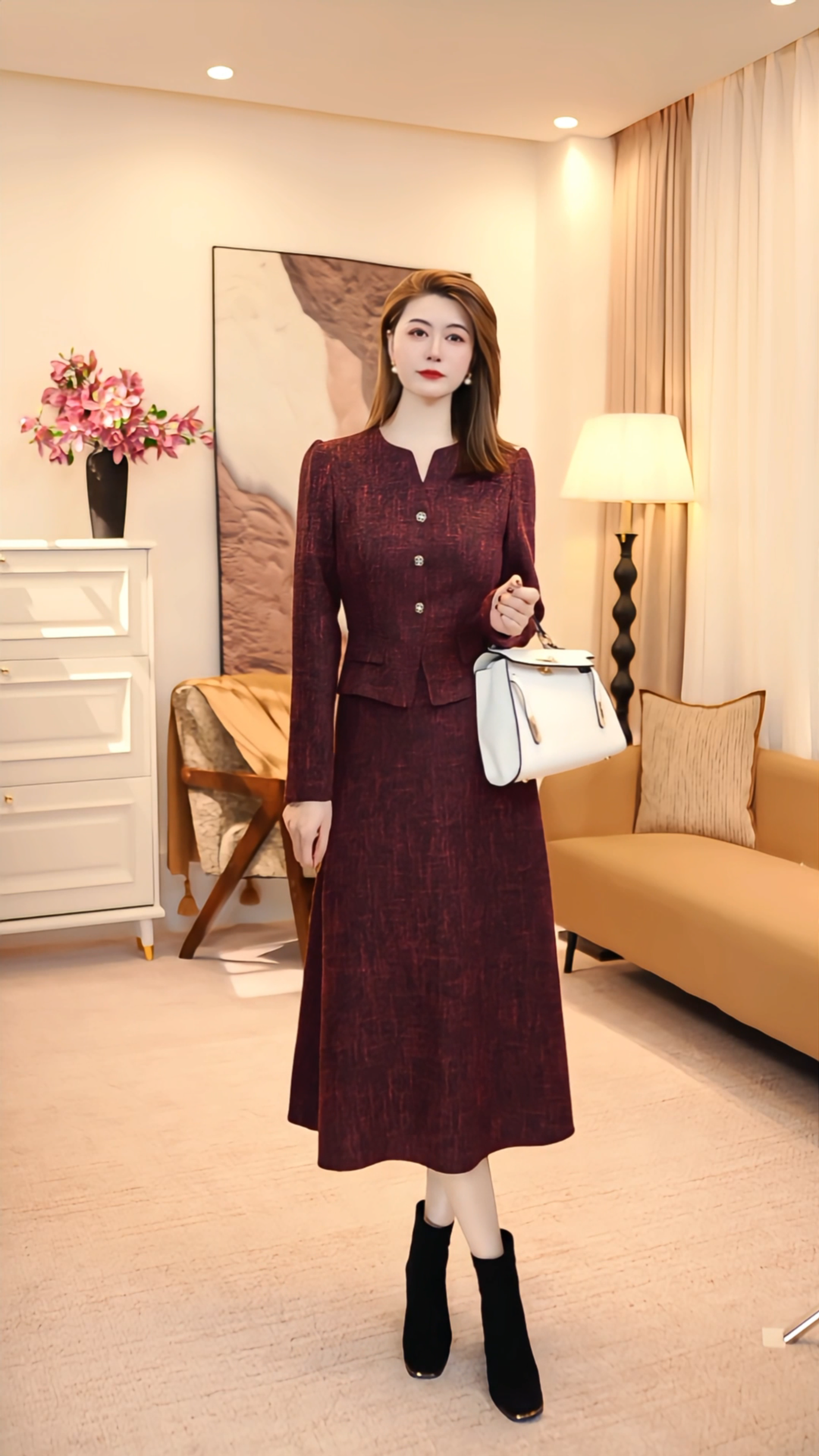 冬季高腰长袖秋季中长裙连衣裙通勤风单排扣基本款 86078