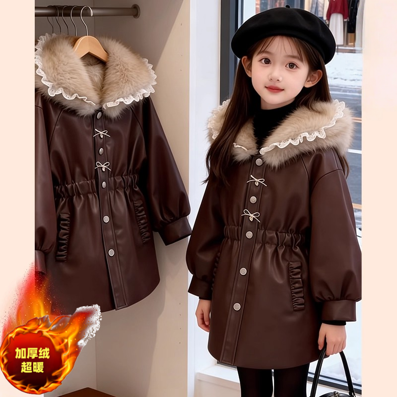 女童加绒蛋白软皮衣派克服外套2025新款冬装中长款加厚免洗小香风