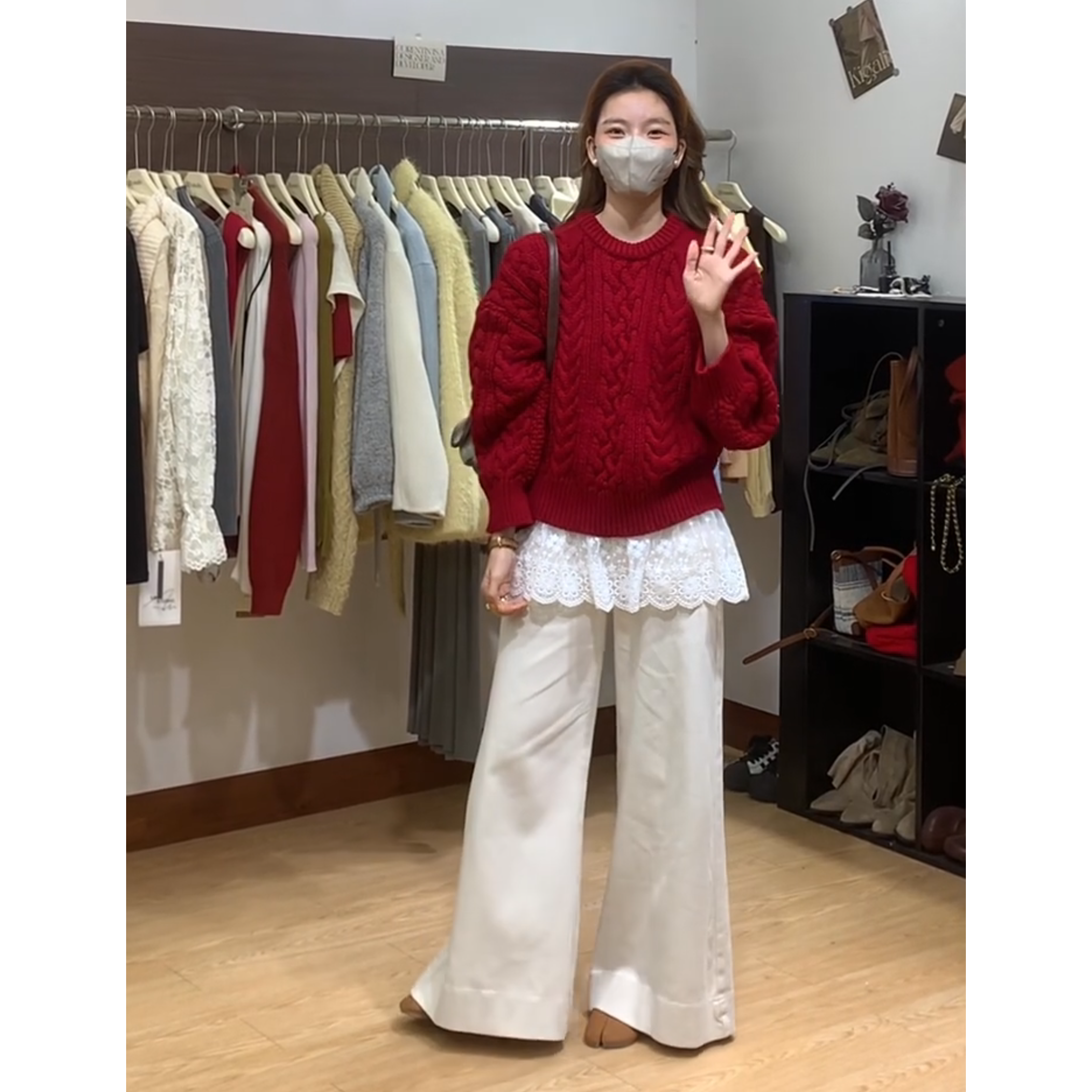 INS CEC韩系高级感红色气质上衣女秋冬小众时尚休闲裤三件套