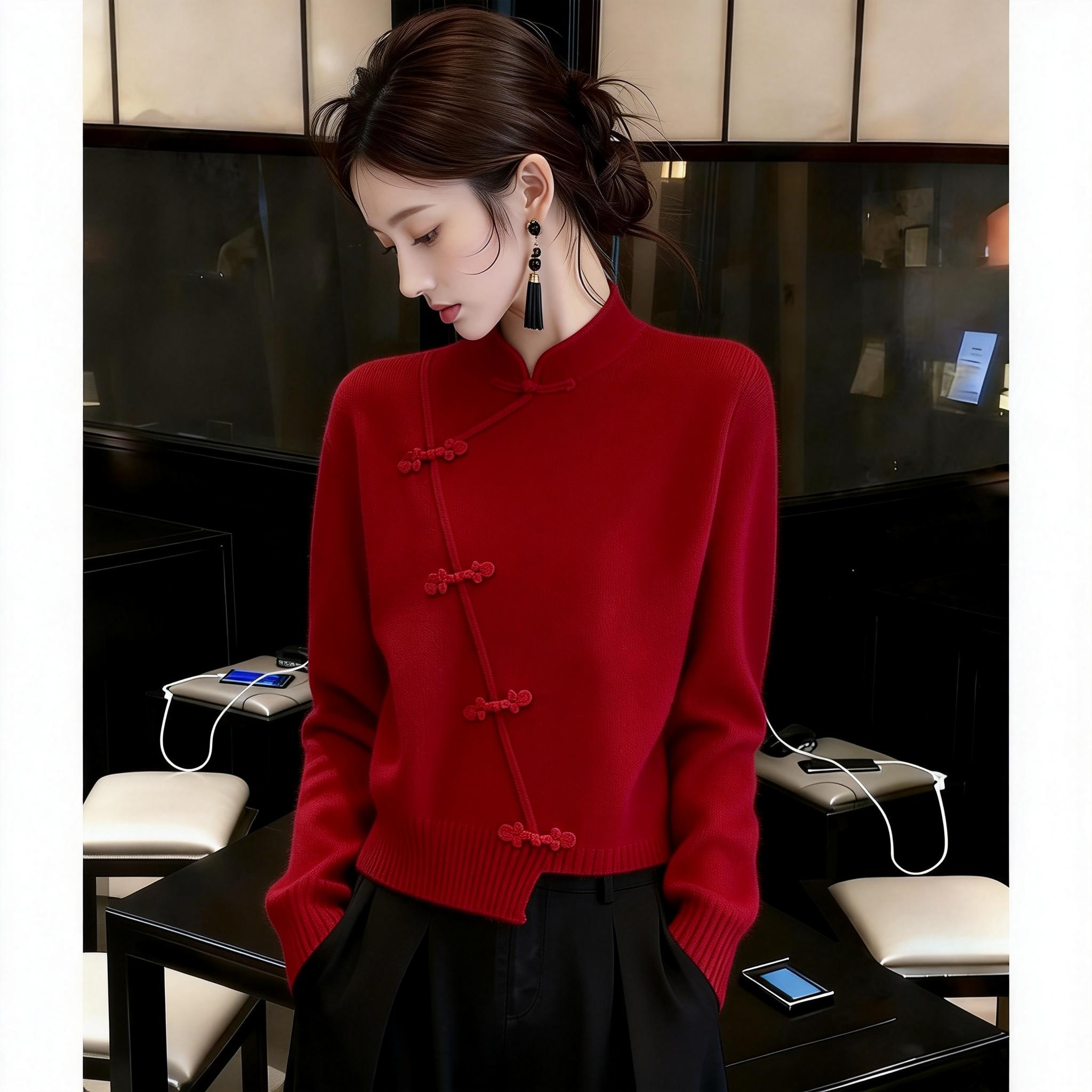 红色中式国风毛衣女装秋冬2025新款盘扣针织打底衫本命年衣服