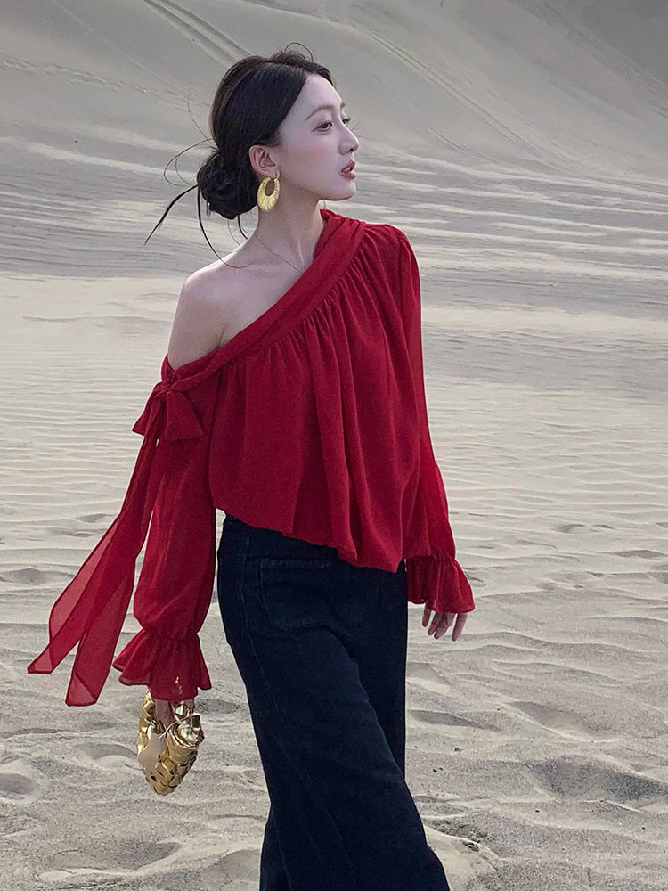 【当日发货】法式小资上衣女时尚洋气高级感超好看别致漂亮红色衬衫