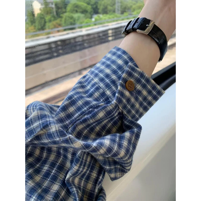 复古蓝色格子衬衫外套男春秋韩版宽松oversize原宿风休闲百搭衬衣