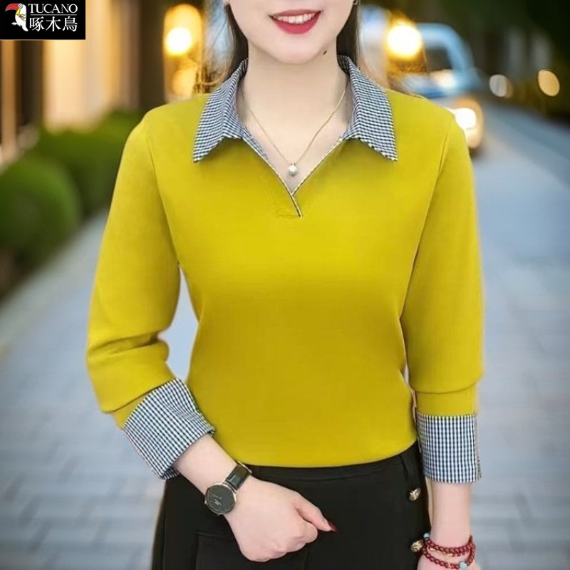 啄木鸟2025年新款拼色格纹翻领T恤女士遮肉显瘦春秋长袖打底上衣