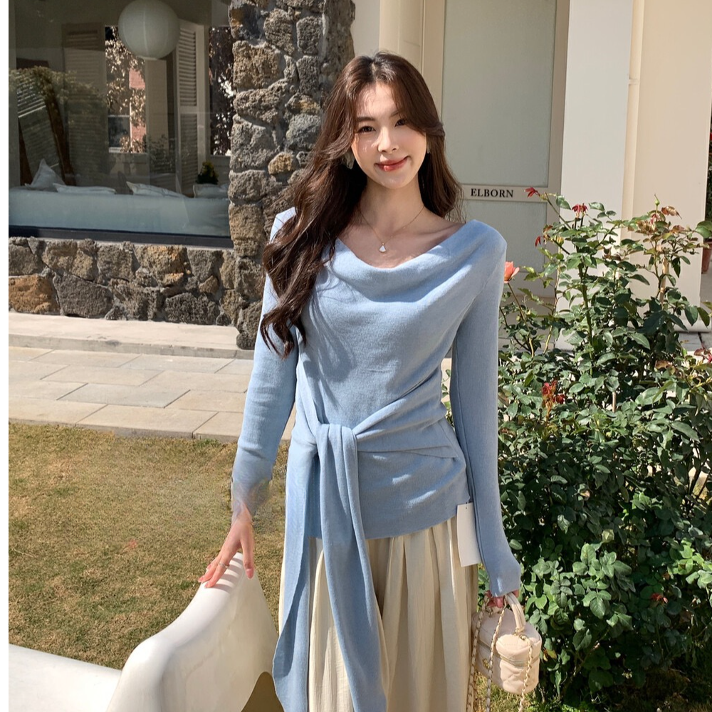 多穿法 韩系荡领长袖系带设计感小衫韩系简约百搭阔腿休闲裤