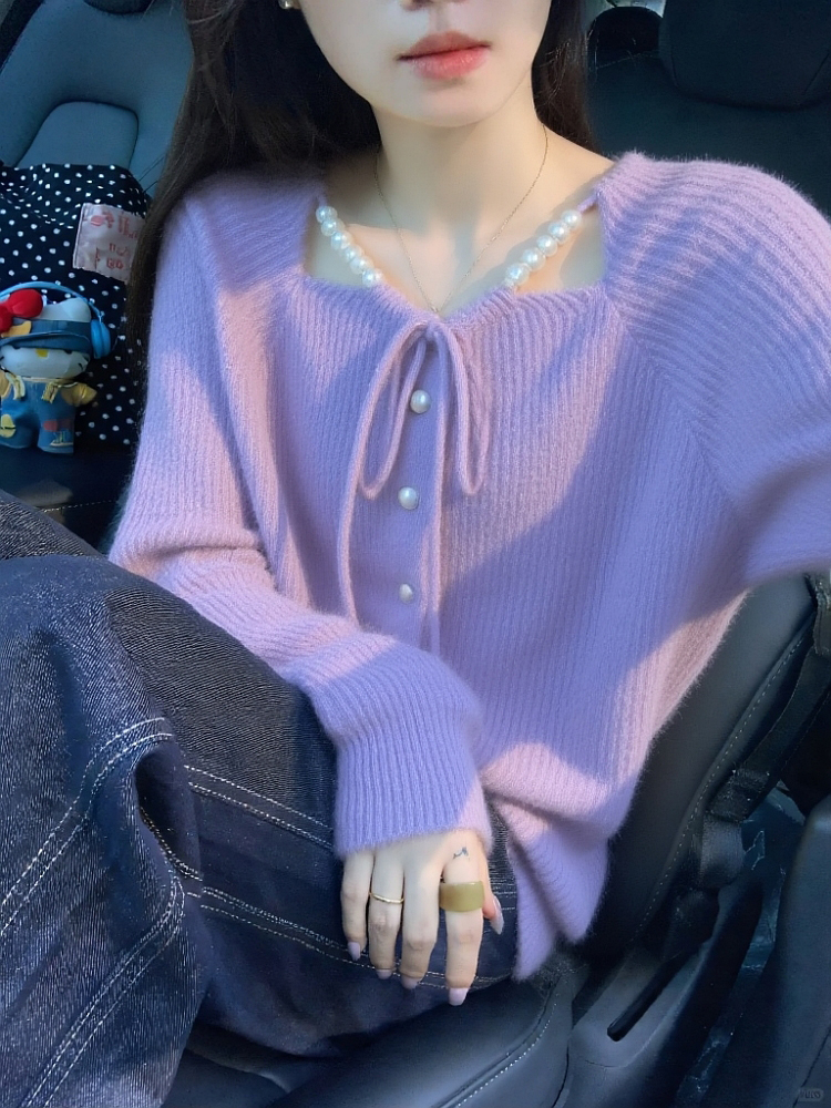 甜美风紫色蝴蝶结系带针织开衫女秋冬季新款时尚洋气百搭毛衣外套