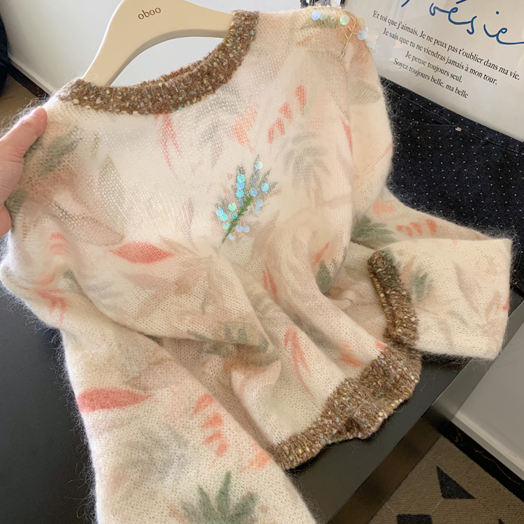 轻奢重工亮片撞色印花软糯马海毛套头外穿宽松女士毛衣慵懒高级感