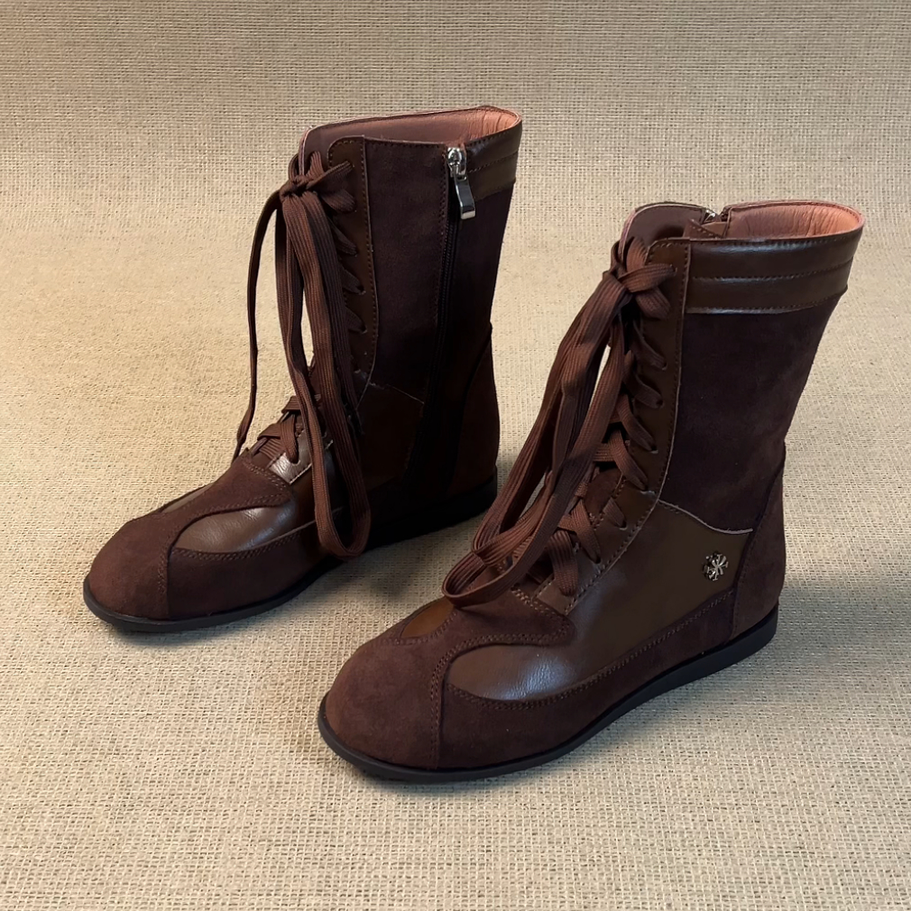 RubyL/1cm通勤复古磨砂圆头拼接百搭舒适系带侧拉链平底短靴女款