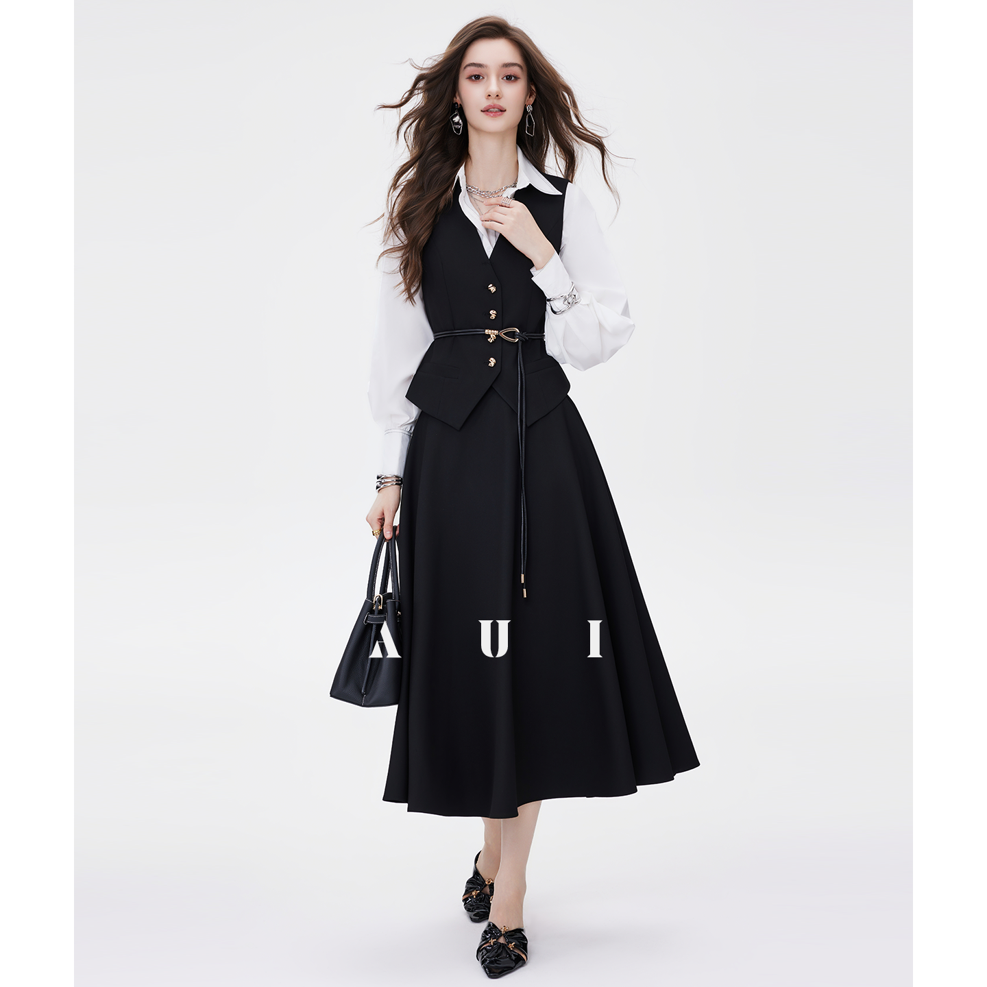 《粉丝专享》AUI黑色无袖马甲背心女秋衬衫裙两件套TT-25W100292