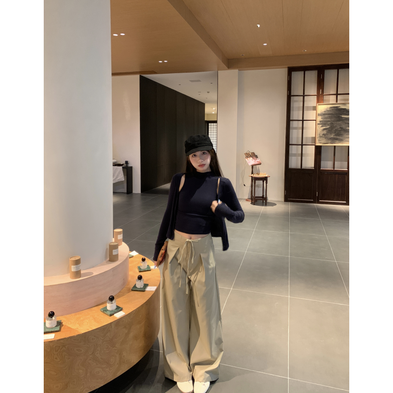 【NAMEROU】“极简慵懒”绑带浅杏色休闲阔腿裤