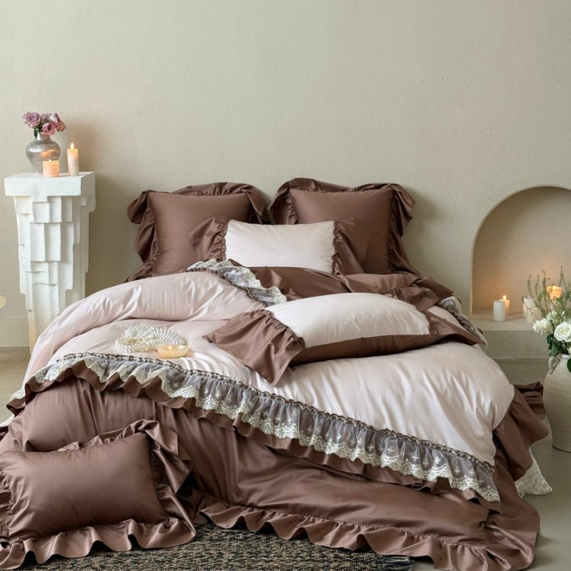 小冲冲【绝色芳华】法式全棉贡缎撞色荷叶花边床盖款四件套