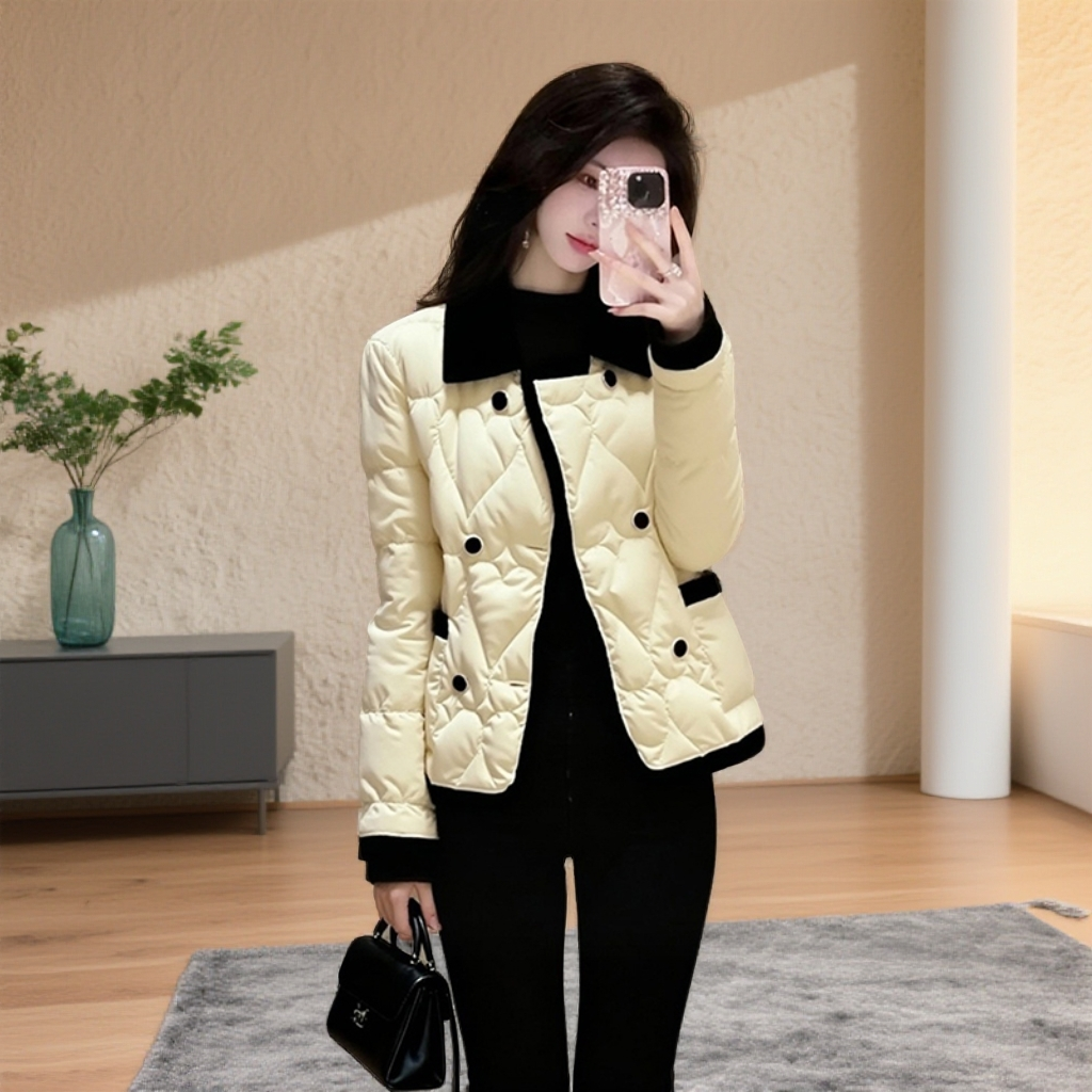 米杏色夹棉外套女初冬高端时髦洋气名媛小香风超好看翻领加厚棉服