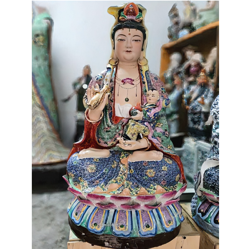 景德镇陶瓷手工粉彩送子观音菩萨中式工艺品庙宇摆件坐莲观音送子