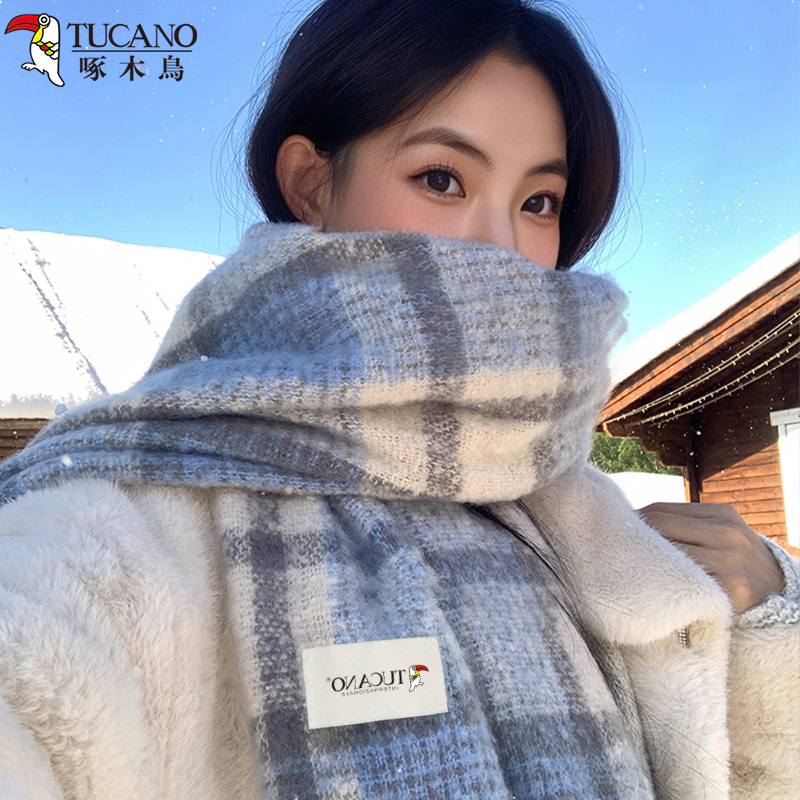 啄木鳥2025年新款蓝色格纹围巾女秋冬韩系氛围感软糯加厚保暖围脖