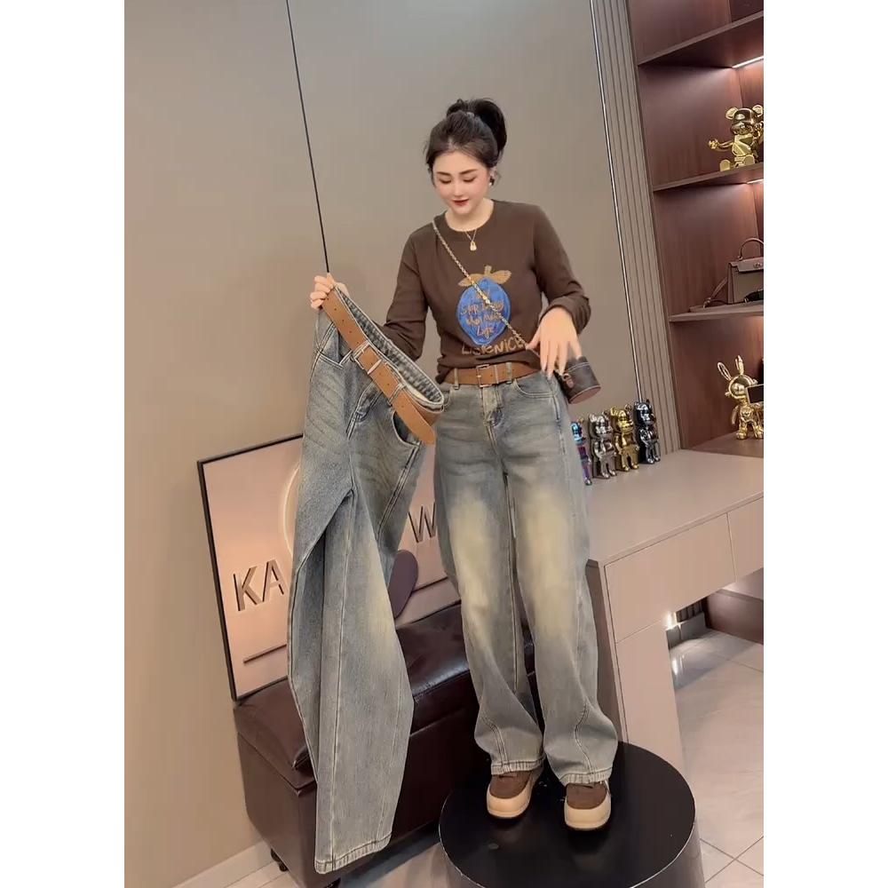 2025新款加绒高腰百搭阔腿牛仔裤女大码梨型身材宽松显瘦直筒长裤