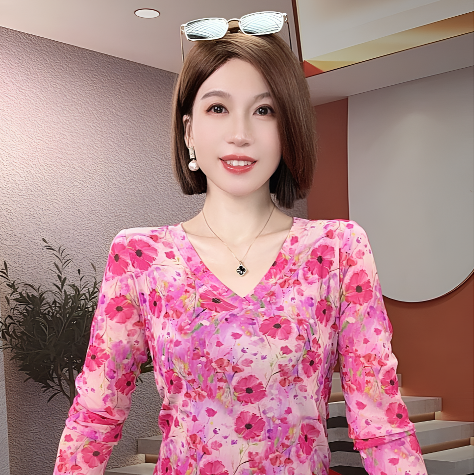 2025早秋新款印花打底衫女网纱V领上衣女气质百搭显瘦内搭长袖T恤