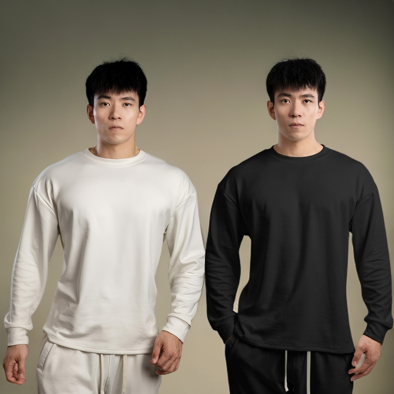 秋季新款德容休闲长袖男运动户外宽松透气打底衫纯色圆领内搭上衣