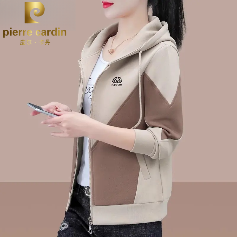 皮尔卡丹时尚撞色开衫女装女春秋新款中年洋气连帽卫衣百搭上衣女