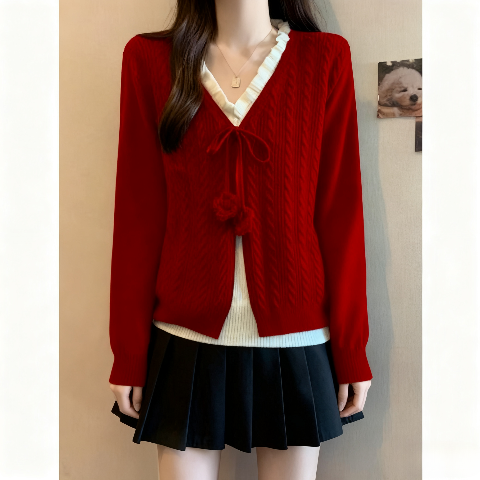 【大码】076秋冬新款法式红色假两件V领针织衫上衣女装酒后毛衣内搭