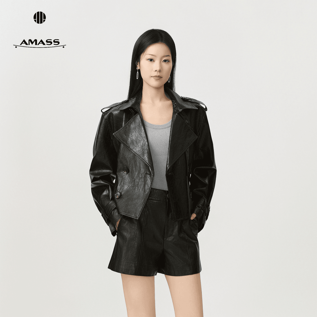 AMASS/阿玛施秋季新款时尚百搭洋气气质翻领短款双排扣外套540063