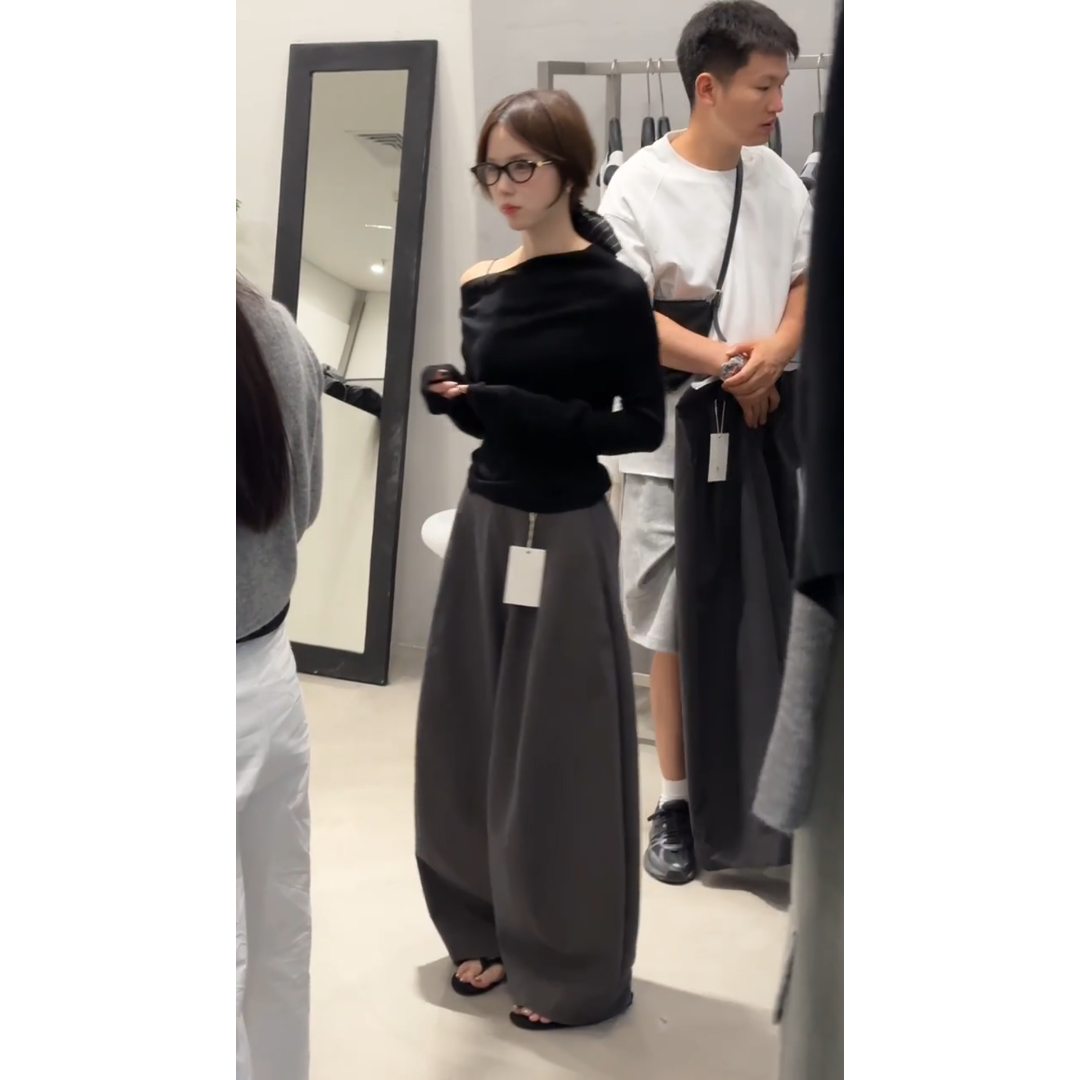 MARIE.COCO早秋新款慵懒风修身斜肩长袖上衣搭配松弛感阔腿裤套装