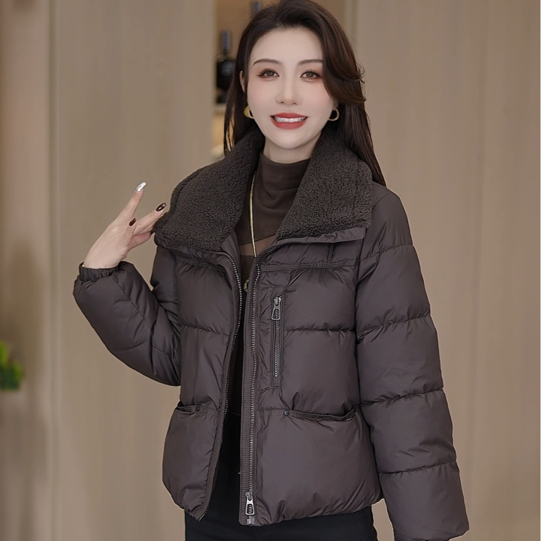 宽松短款翻领加厚保暖时尚女装冬季韩版女士加绒加厚棉服外套