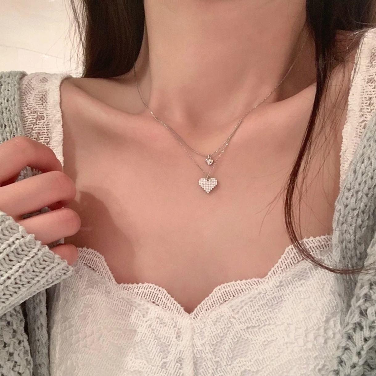 钛钢项链 项链女夏爱心配饰送女友百搭双层锁骨链轻奢ins小众颈链