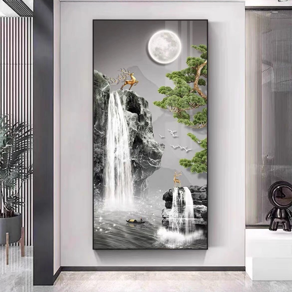 新中式迎客松大气高档轻奢风带灯装饰画现代入户玄关画走廊灯光画