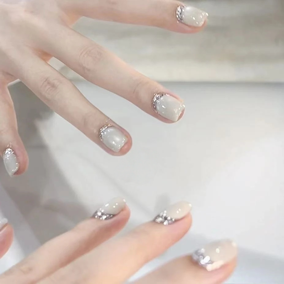 【奶白猫眼反法式】手工定制穿戴甲优雅清新奶白色美甲穿戴式中长款