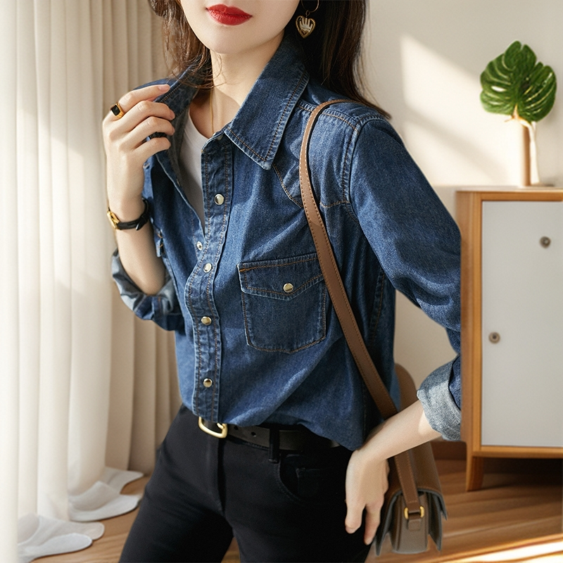 春秋长袖显瘦气质衬衫袖衬衣牛仔薄款休闲百搭复古御姐蓝衬衫