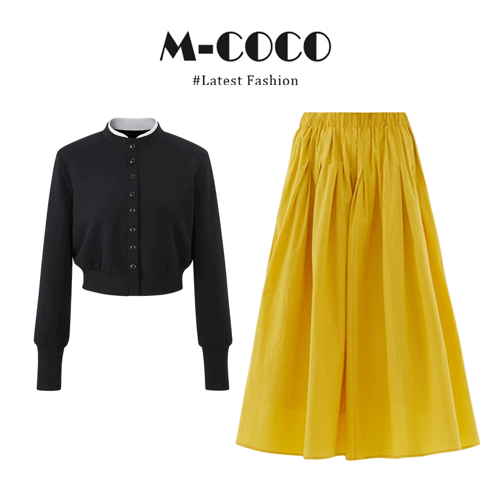 MARIE.COCO韩系氛围感立领针织开衫上衣明黄色高腰半身裙秋季套装