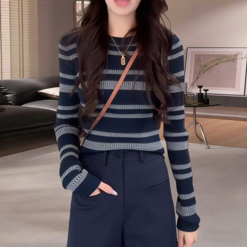 轻熟风高级感气质撞色条纹修身打底衫女早春季新款时尚百搭针织衫