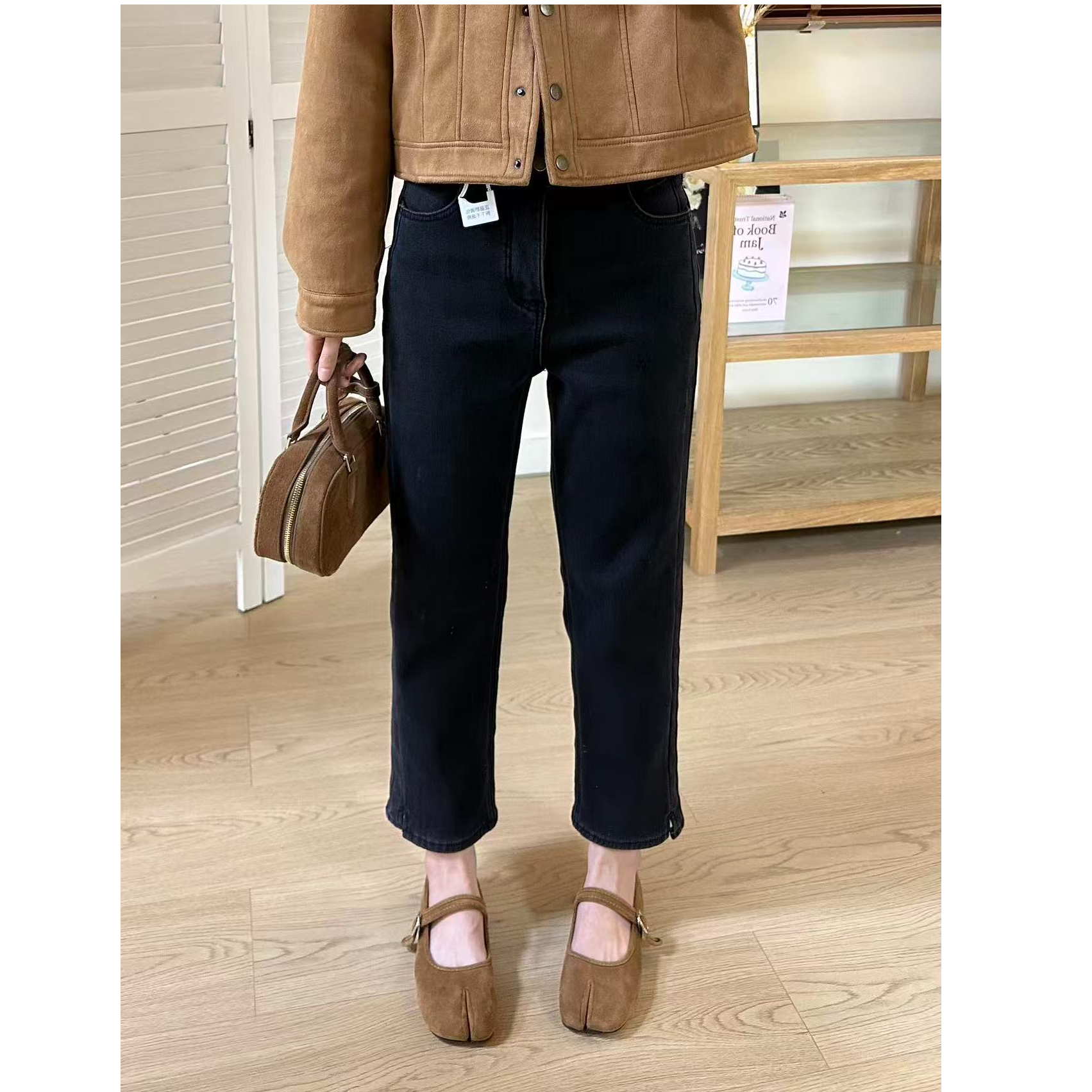 兔子刺绣加绒加厚烟管裤女秋冬小个子简约风牛仔裤高腰显瘦九分裤