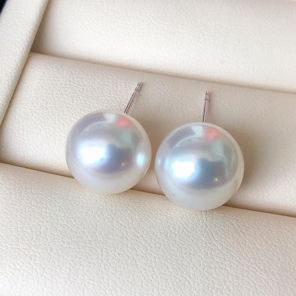 天然真珍珠耳钉爱迪生正圆淡水珍珠媲美澳白珍珠耳钉12-13mm大粒