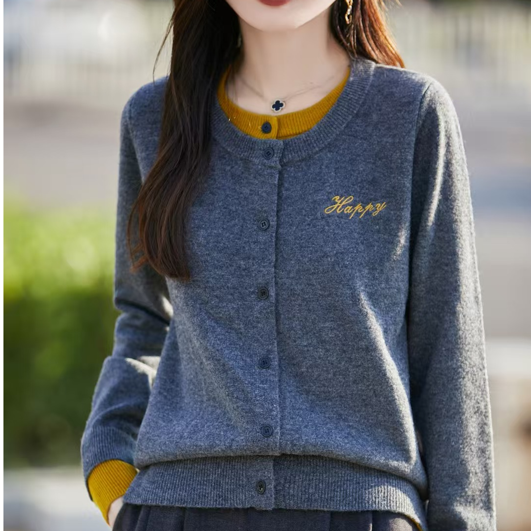 秋冬新款100%纯羊毛重工真双层假两件撞色针织衫圆领百搭开衫外套