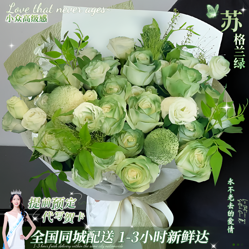 苏格兰绿玫瑰花束鲜花店同城送花上门免费速配送直播团购生日礼物