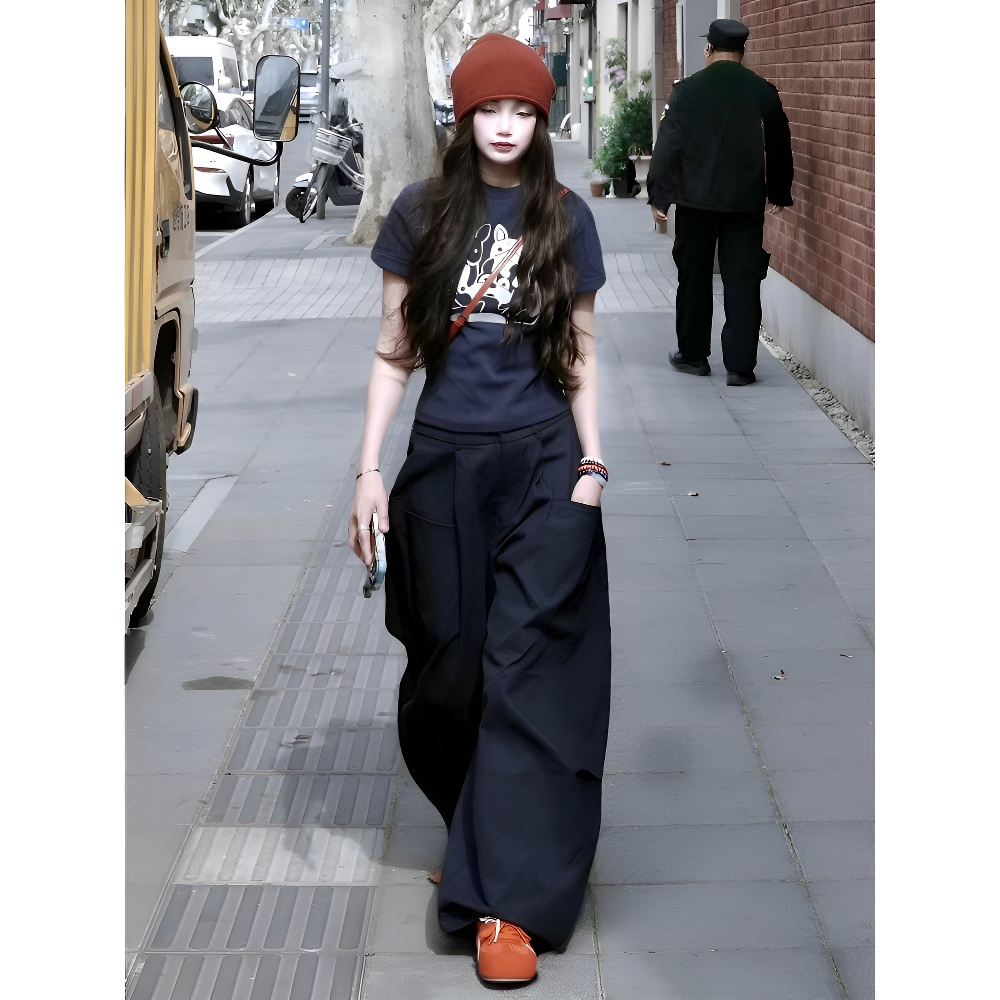 松弛感韩系休闲套装女小狗印花短袖t恤阔腿裤夏日ootd穿搭一整套