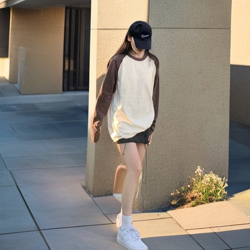 重磅纯棉美式复古新款插肩拼接长袖t恤女早秋宽松百搭打底衫上衣