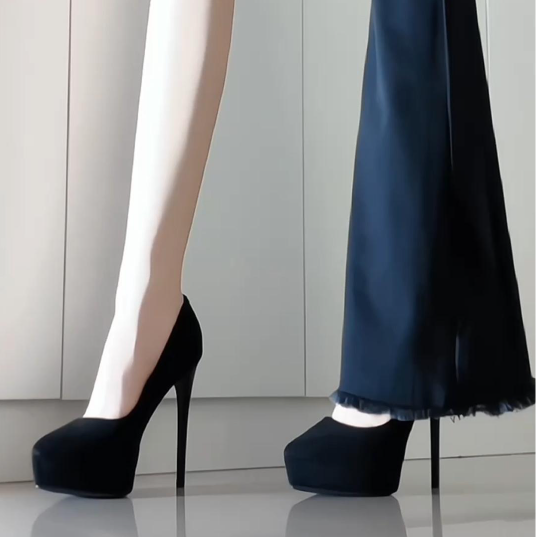 正装百搭少女绒面黑色防水台职业高跟鞋新款时尚气质性感尖头单鞋