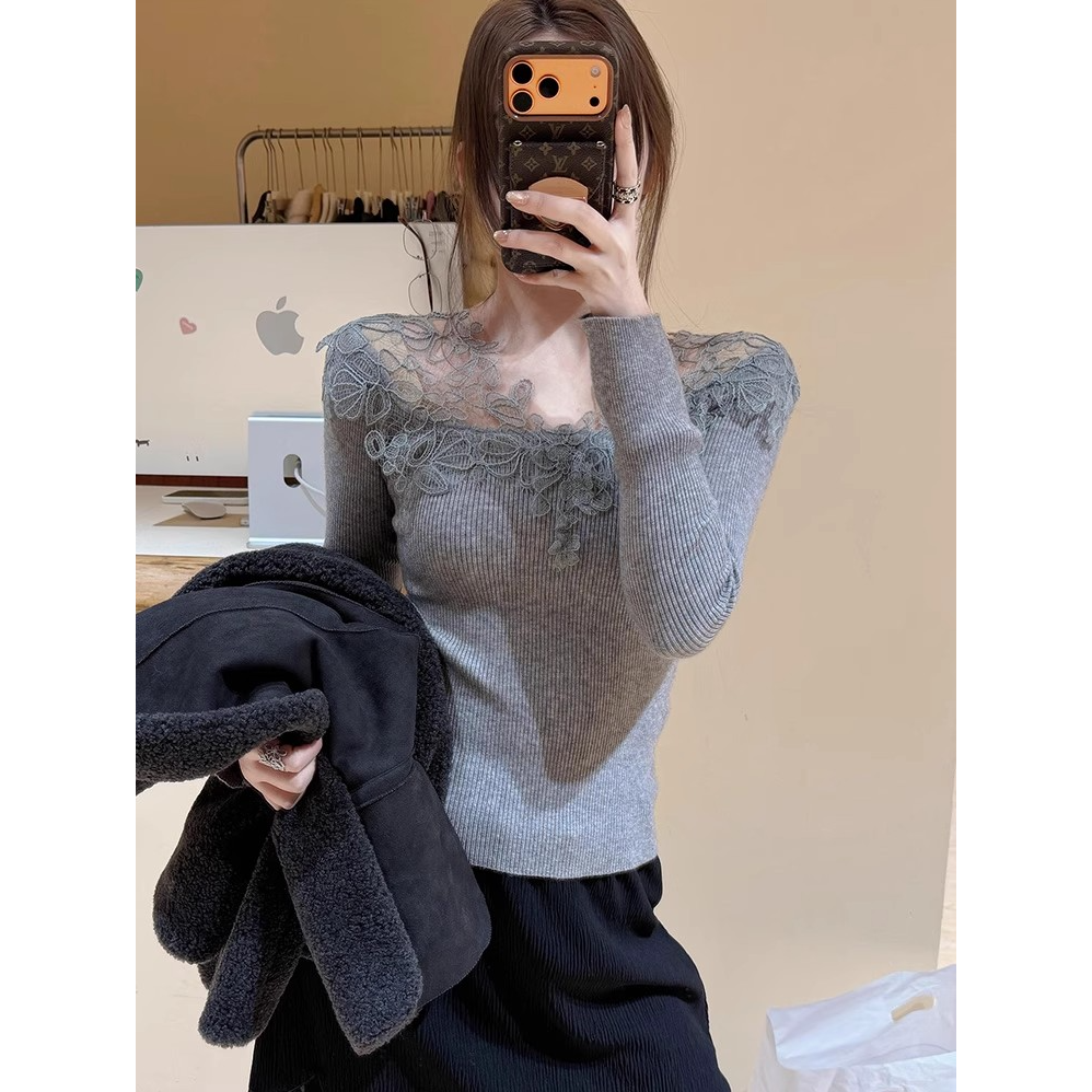 法式灰色蕾丝拼接针织衫女春秋轻奢高级感内搭气质打底绝美小上衣