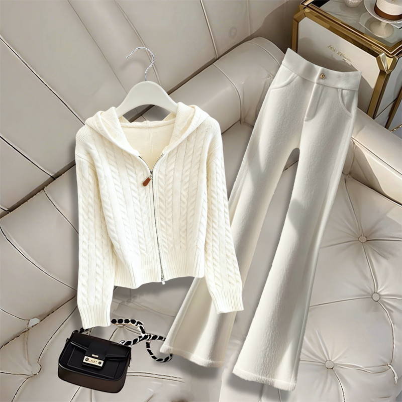 秋冬慵懒风软糯两件套新款针织连帽衫女休闲裤小众不撞衫时尚套装