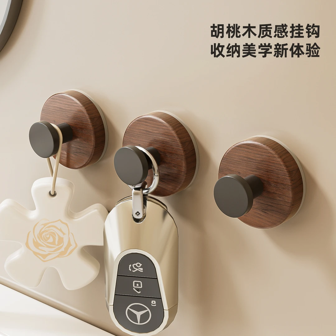 胡桃木纹吸盘旋钮挂钩家用无痕强承重粘钩浴室卫生间厨房免打孔