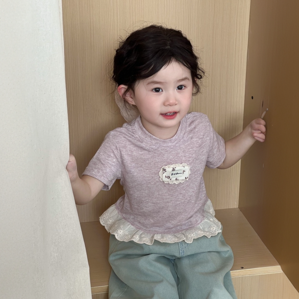 女童短袖T恤2025夏季新款韩版洋气蕾丝花边儿童森系女宝宝ins上衣
