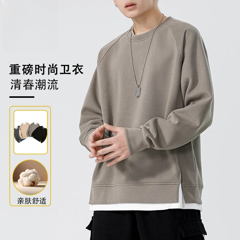 仓石一树男生春秋款圆领简约宽松卫衣新款百搭重磅假两件长袖上衣