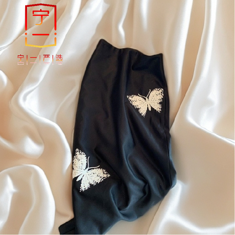 【宁一女装】时尚洋气显瘦专柜品质亮片蝴蝶刺绣开叉半身裙气质中式