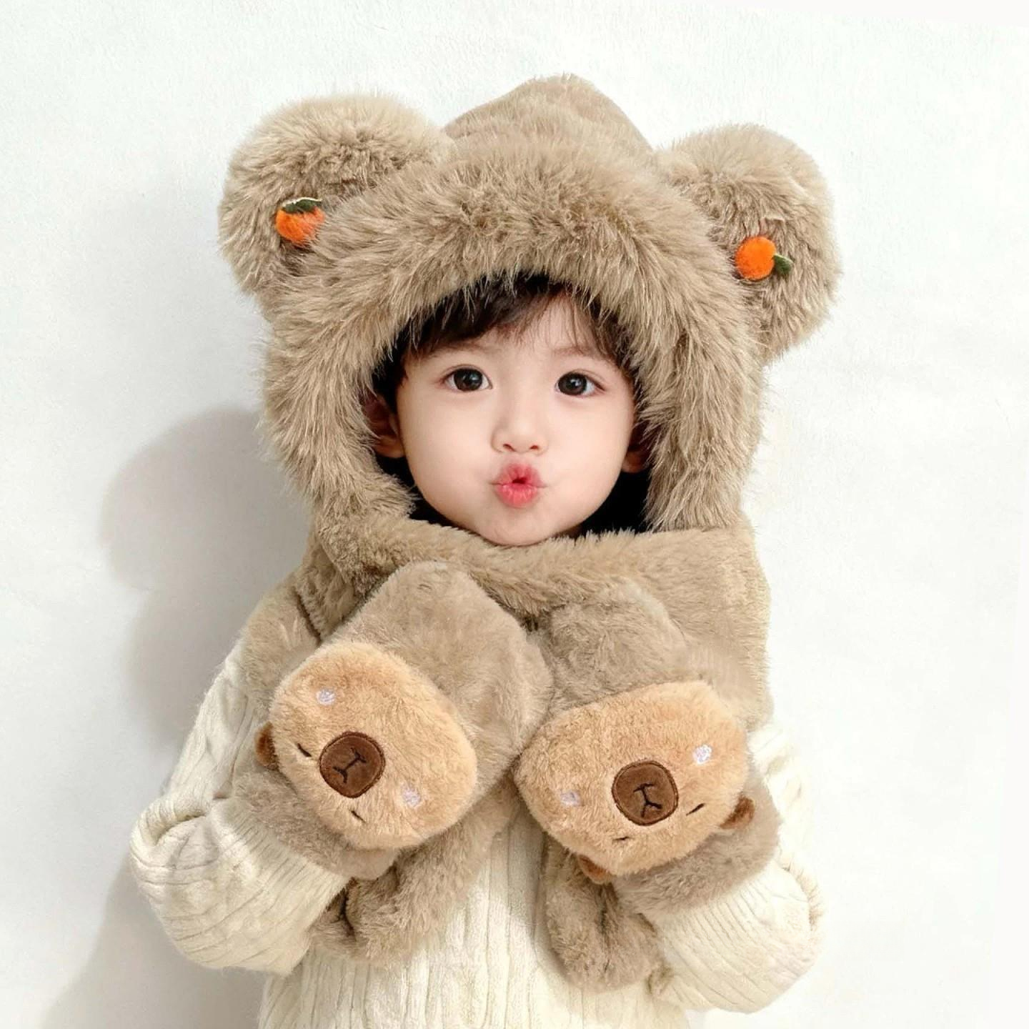 儿童帽子秋冬男童女童卡通宝宝围脖手套三件套防寒毛绒围巾一体帽