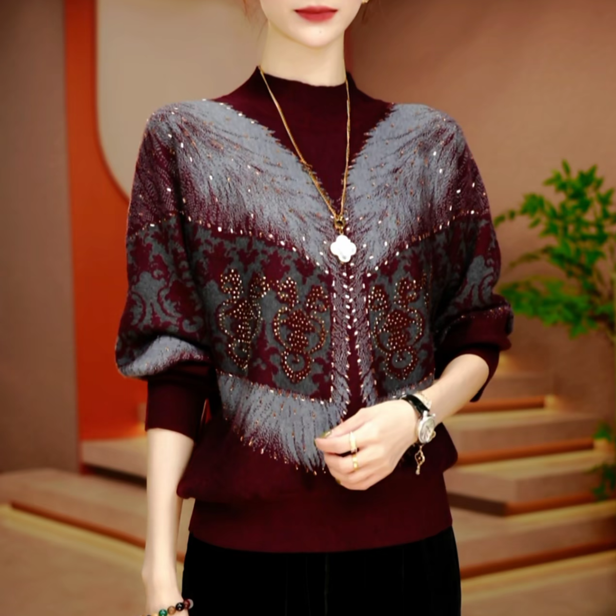 2025年秋冬款恋深红时尚显瘦气质休闲洋气百搭修身印花打底衫1110